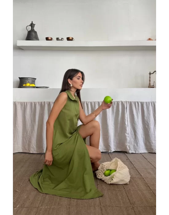 KETEN ÖNDEN DÜĞMELİ KOLSUZ GÖMLEK YAKA ELBİSE - Yağ Yeşili
