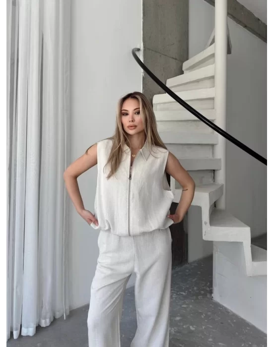 Keten Tam Fermuarlı Kolsuz Ceket Pantolon Ikili Takım- Beyaz