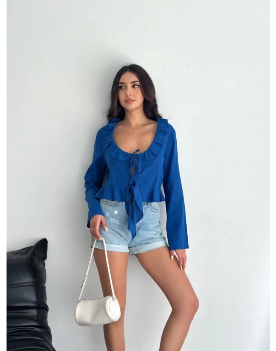 Keten Uzun Kol Bağacık Detaylı Bluz - Lacivert