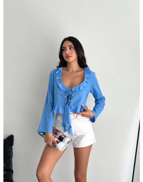 Keten Uzun Kol Bağacık Detaylı Bluz - Mavi