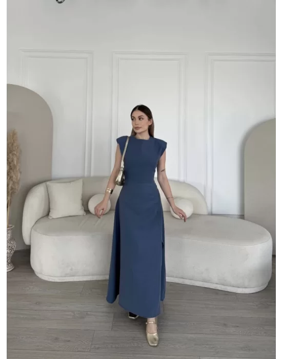 Keten Yandan Yırtmaçlı  Uzun Sıfır Kolsuz Elbise - Mavi