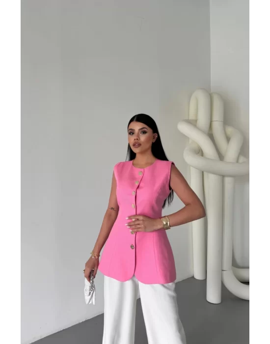 KETEN YELEK BELDEN OTURTMALISIRALI DÜĞME DETAYLI - Pembe
