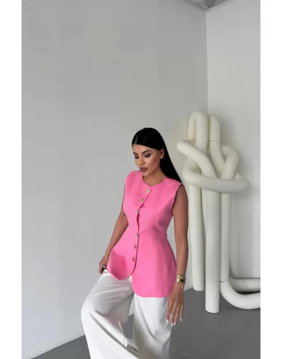 KETEN YELEK BELDEN OTURTMALISIRALI DÜĞME DETAYLI - Pembe