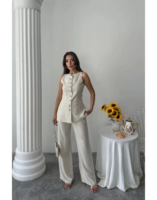KETEN YELEK - PANTOLON TAKIM - Taş