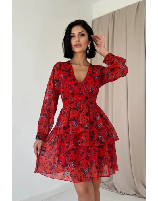Kırmızı Kat Kat Şifon Elbise
