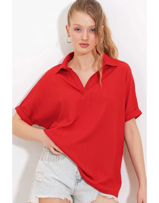 Kırmızı Oversize Polo Yaka Örme Bluz 0486