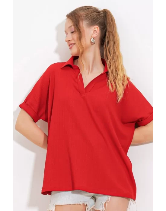 Kırmızı Oversize Polo Yaka Örme Bluz 0486