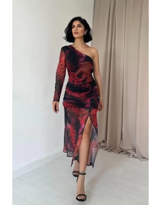 Kırmızı Tek Omuzlu Tül Elbise