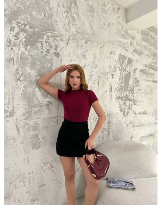 Kısa Kol Badi Bluz - Bordo