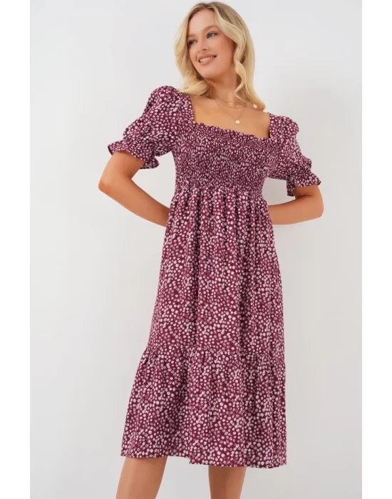 Kısa Kol Çiçekli Elbise 2556 - Bordo