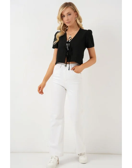 Kısa Kol Crop Bluz 958 - Siyah