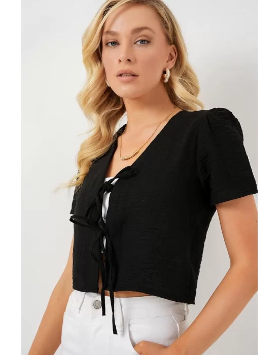 Kısa Kol Crop Bluz 958 - Siyah