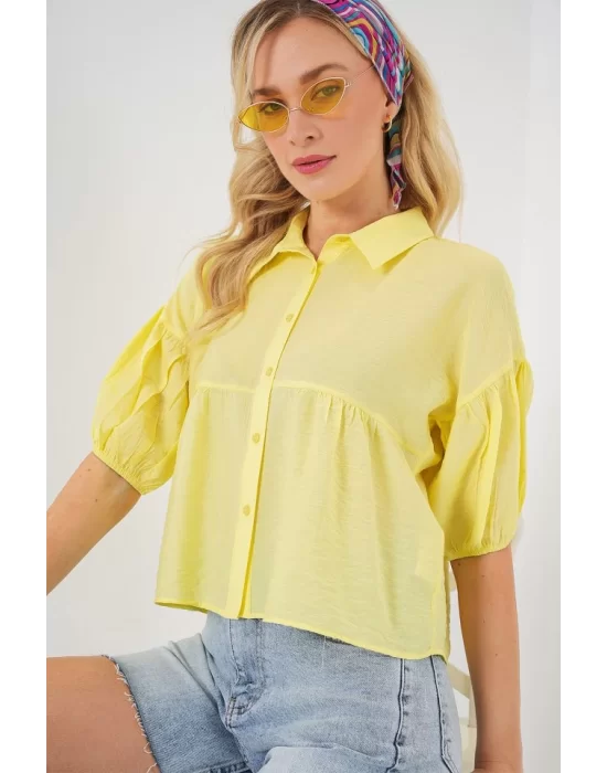 Kısa Kol Crop Gömlek 20335 - Sarı