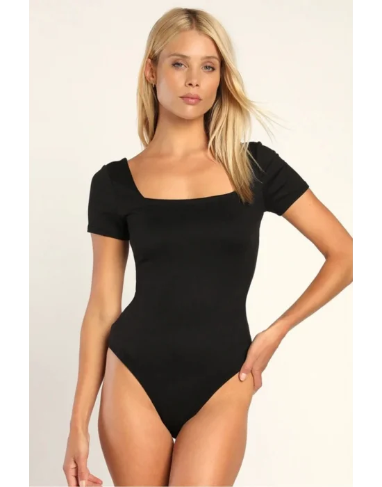 Kısa Kol Kare Yaka Ipek Jarse Bodysuit