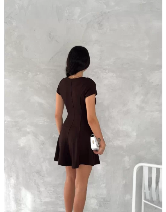 Kısa Kollu Mini Elbise - Kahverengi