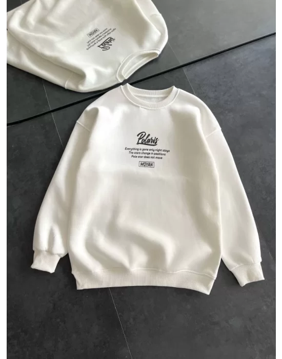 Kışlık Bisiklet Yaka Ön Ve Arka Baskılı SweatShirt - Beyaz