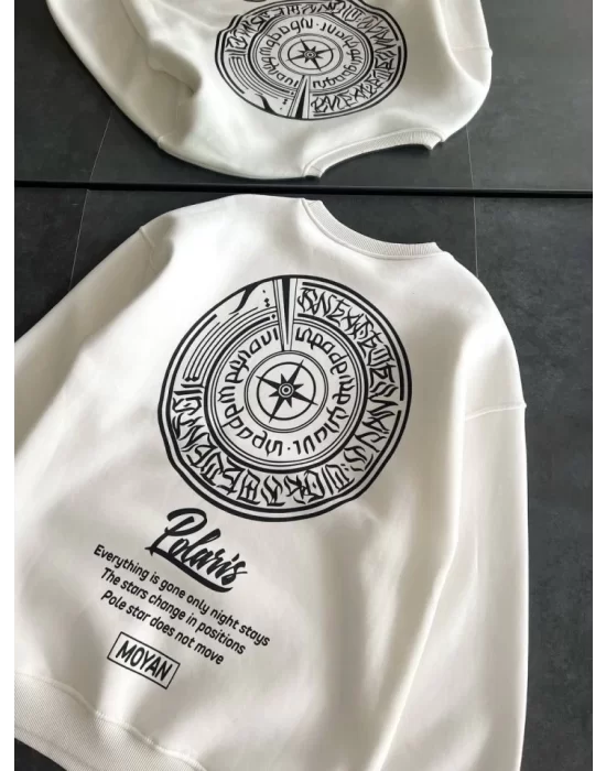 Kışlık Bisiklet Yaka Ön Ve Arka Baskılı SweatShirt - Beyaz