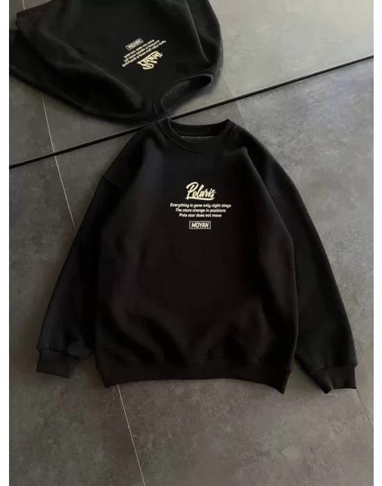 Kışlık Bisiklet Yaka Ön Ve Arka Baskılı SweatShirt - Siyah