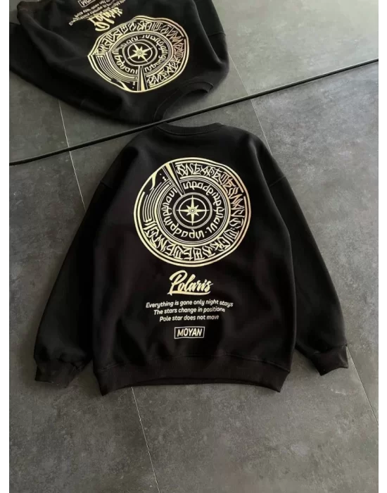 Kışlık Bisiklet Yaka Ön Ve Arka Baskılı SweatShirt - Siyah