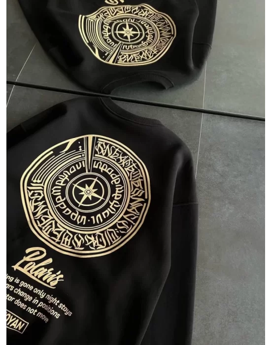 Kışlık Bisiklet Yaka Ön Ve Arka Baskılı SweatShirt - Siyah