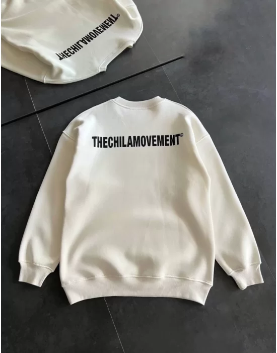 Kışlık Bisiklet Yaka Oversize Baskılı SweatShirt - Beyaz