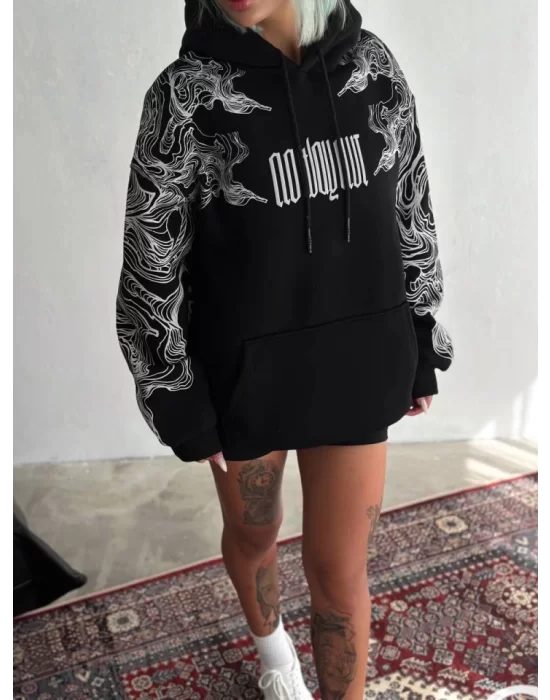 Kışlık Üç İplik Baskılı Kapşonlu SweatShirt - Siyah