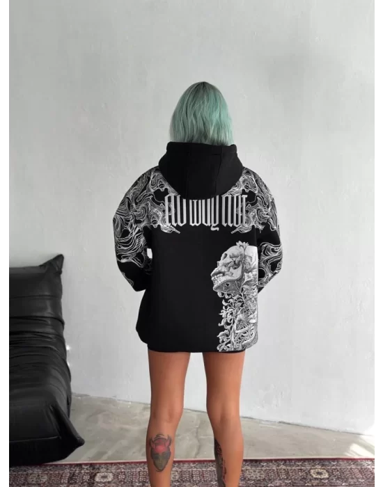 Kışlık Üç İplik Baskılı Kapşonlu SweatShirt - Siyah