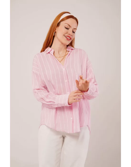 Kol Düğmeli Çizgili Pembe Gömlek