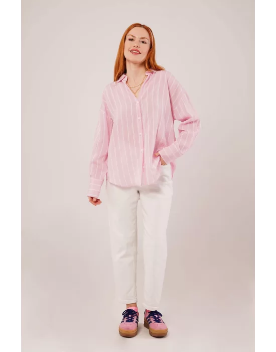 Kol Düğmeli Çizgili Pembe Gömlek
