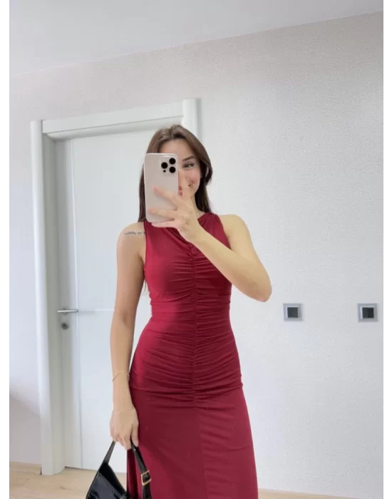 Kolsuz Büzgülü Uzun Elbise - Kırmızı