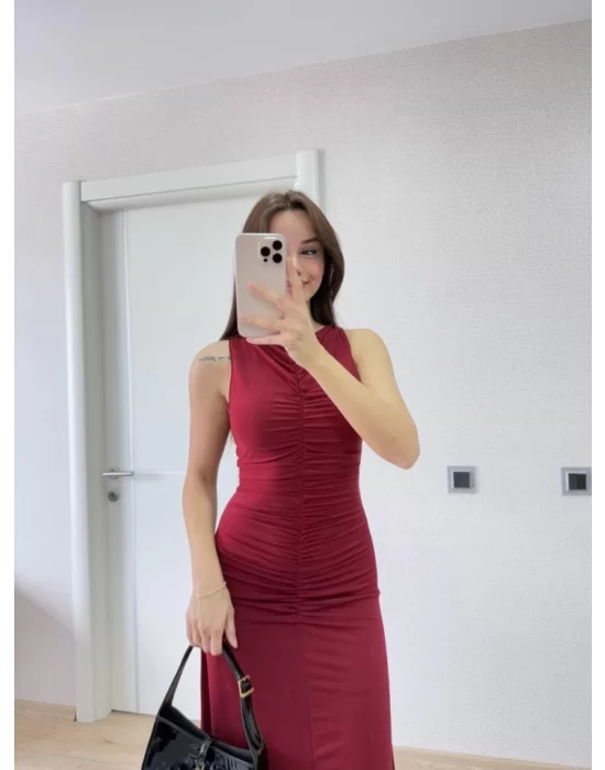 Kolsuz Büzgülü Uzun Elbise - Kırmızı