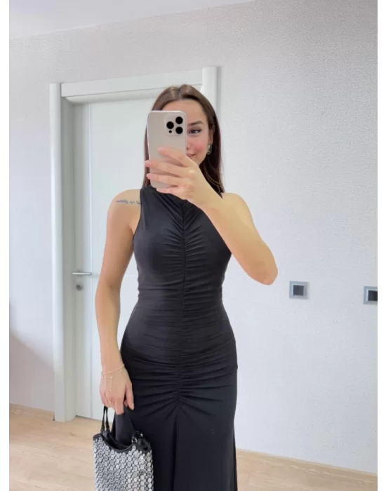Kolsuz Büzgülü Uzun Elbise - Siyah