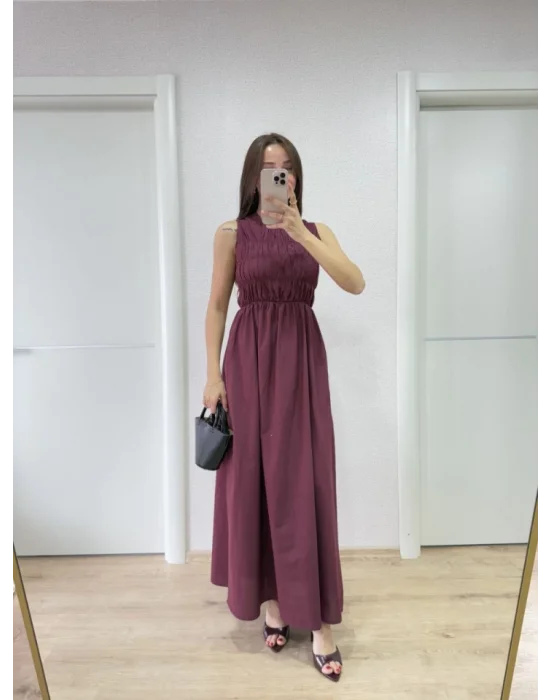 Kolsuz Göğüs Lastıklı Uzun Elbise - Bordo