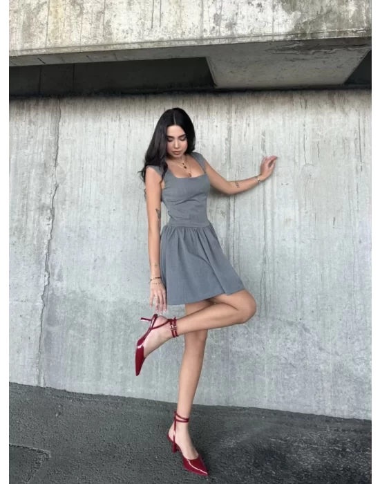 Kolsuz Mini Elbise- Gri