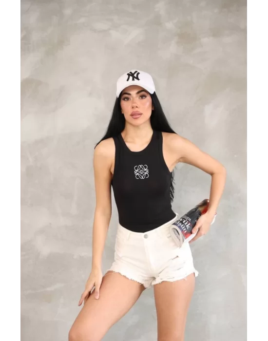 Kolsuz Nakışlı Badi Bluz - Siyah