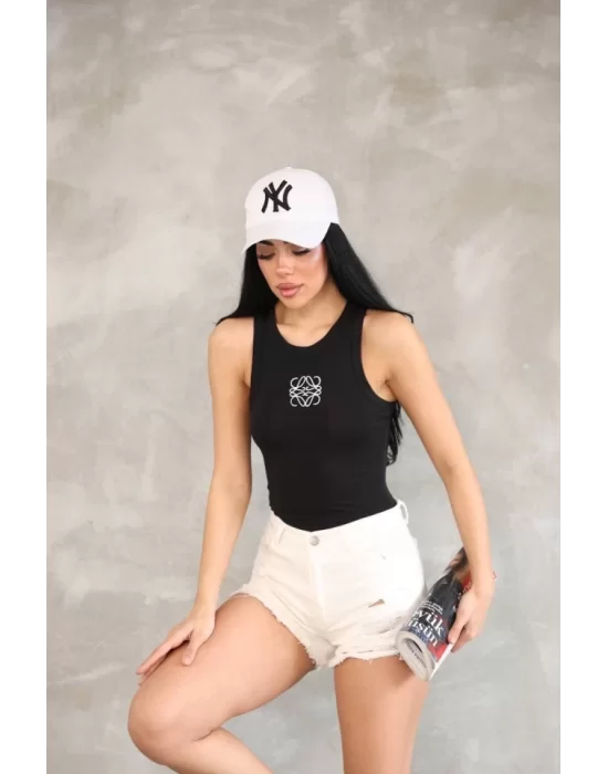 Kolsuz Nakışlı Badi Bluz - Siyah