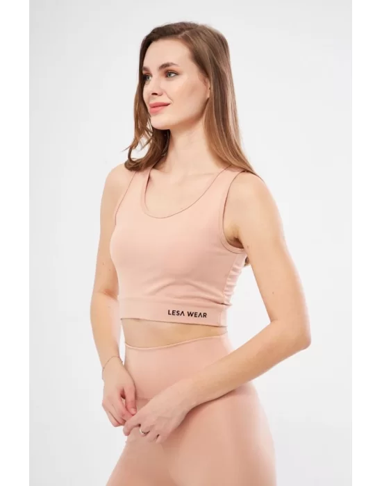 Kolsuz Sporcu Baskılı Crop - Bej
