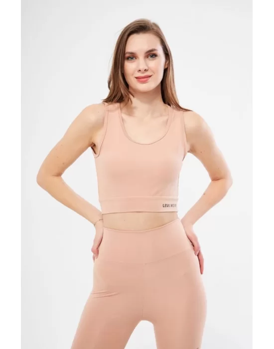 Kolsuz Sporcu Baskılı Crop - Bej