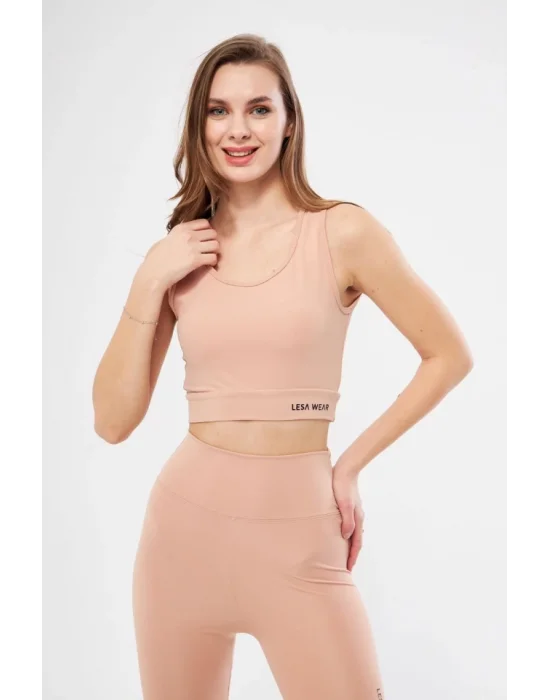 Kolsuz Sporcu Baskılı Crop - Bej
