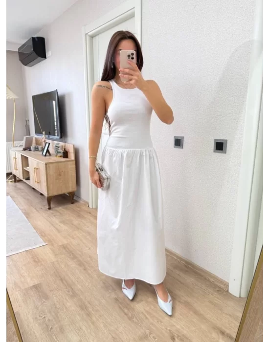 Kolsuz Uzun Elbise - Beyaz