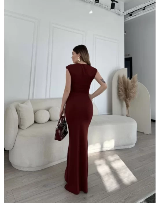 Kolsuz Uzun Likralı Elbise - Bordo