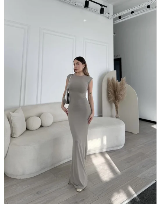 Kolsuz Uzun Likralı Elbise - Gri