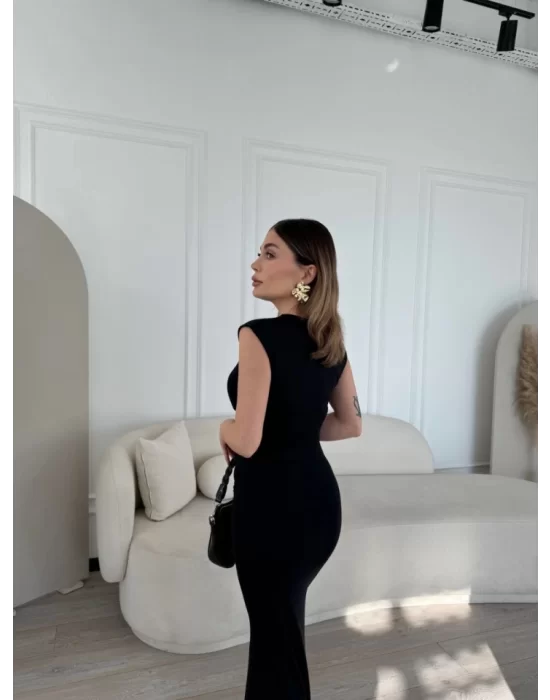 Kolsuz Uzun Likralı Elbise - Siyah
