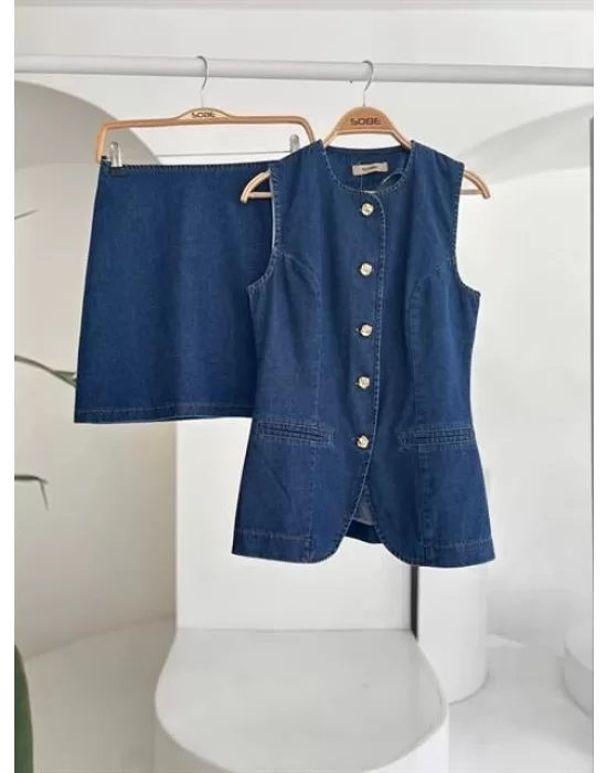 Kolsuz Yelekli Mini Etekli Denim Takım 10164