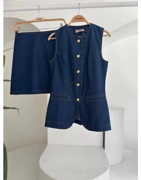 Kolsuz Yelekli Mini Etekli Denim Takım 10164