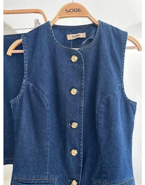 Kolsuz Yelekli Mini Etekli Denim Takım 10164