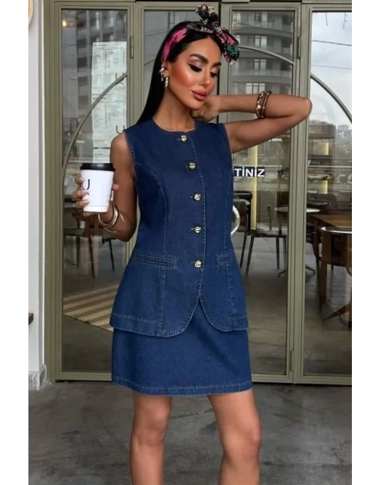 Kolsuz Yelekli Mini Etekli Denim Takım 10164