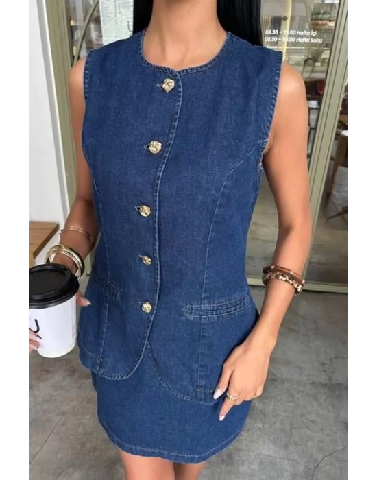 Kolsuz Yelekli Mini Etekli Denim Takım 10164