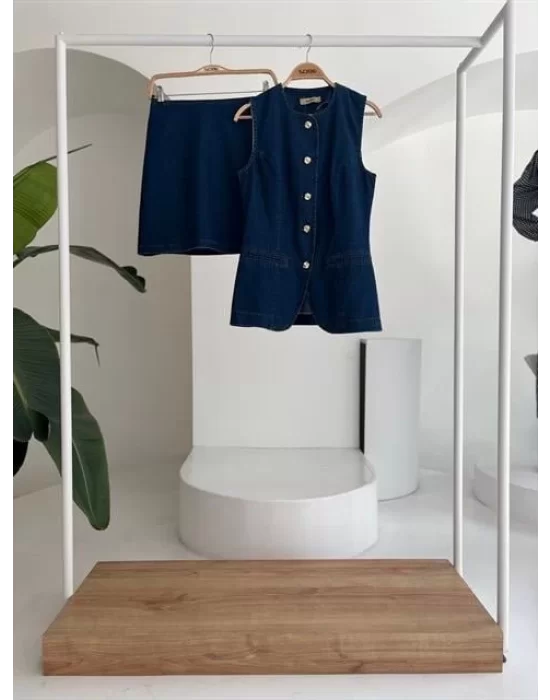 Kolsuz Yelekli Mini Etekli Denim Takım 10164
