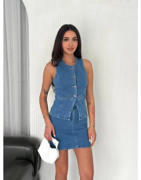 Kot Jeans Etekli Ikili Takım - Mavi